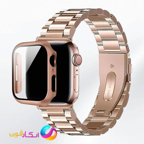 بند اپل واچ فلزی استیل به همراه گارد گلس دار مناسب اپل واچ سایز 40 میلی متر تمامی سری ها Apple Watch Seri 1/2/3/4/5/6/7/8/9 40mm