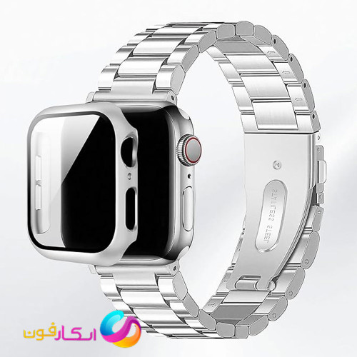 بند اپل واچ فلزی استیل به همراه گارد گلس دار مناسب اپل واچ سایز 41 میلی متر تمامی سری ها Apple Watch Seri 1/2/3/4/5/6/7/8/9 41mm
