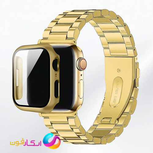 بند اپل واچ فلزی استیل به همراه گارد گلس دار مناسب اپل واچ سایز 45 میلی متر تمامی سری ها Apple Watch Seri 1/2/3/4/5/6/7/8/9 45mm