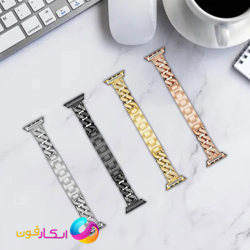 بند اپل واچ استیل کارتیر نگین دار زنانه مناسب اپل واچ سری 1 تا 11 / سایز بندی کامل
