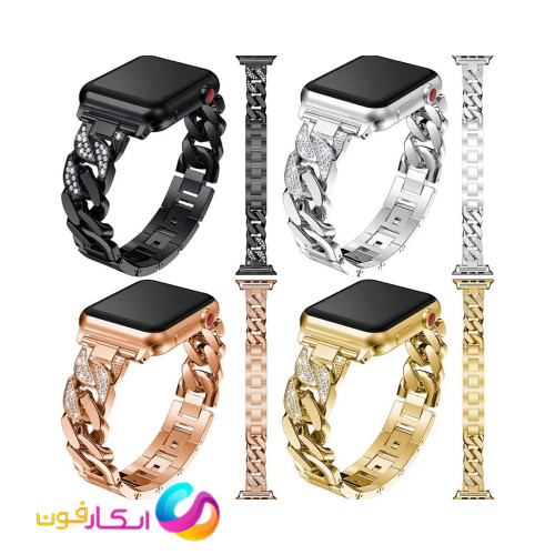 بند اپل واچ استیل کارتیر نگین دار زنانه مناسب اپل واچ سری 1/2/3/4/5/6/7/8/9 سایز 42 میلی متری