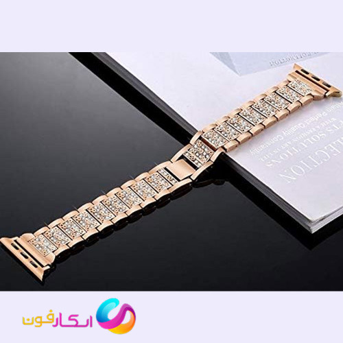 بند اپل واچ استیل لوکس نگین دار زنانه مناسب اپل واچ سری 1/2/3/4/5/6/7/8/9 سایز 40 میلی متری