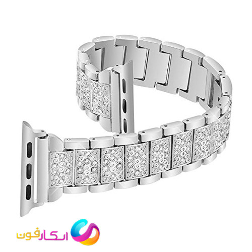 بند اپل واچ استیل لوکس نگین دار زنانه مناسب اپل واچ سری 1/2/3/4/5/6/7/8/9 سایز 45 میلی متری