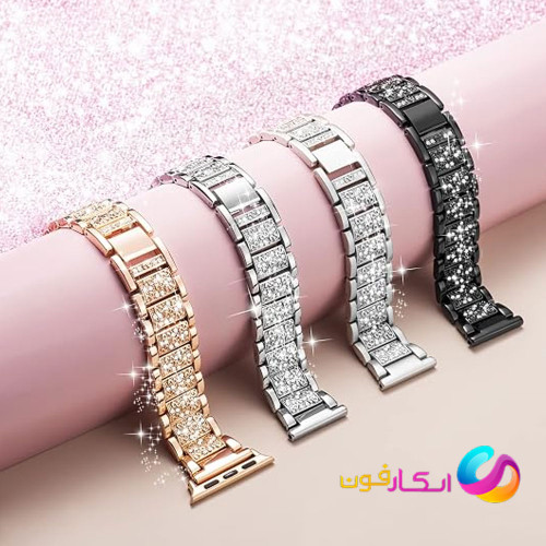 بند اپل واچ استیل لوکس نگین دار زنانه مناسب اپل واچ سری 10 سایز 42 میلی متری SERI 10 42mm