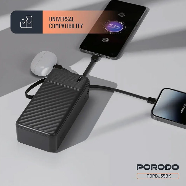 پاور بانک 30000 پورودو Porodo مدل PDPBJ35BK با کابل و چراغ قوه اورجینال