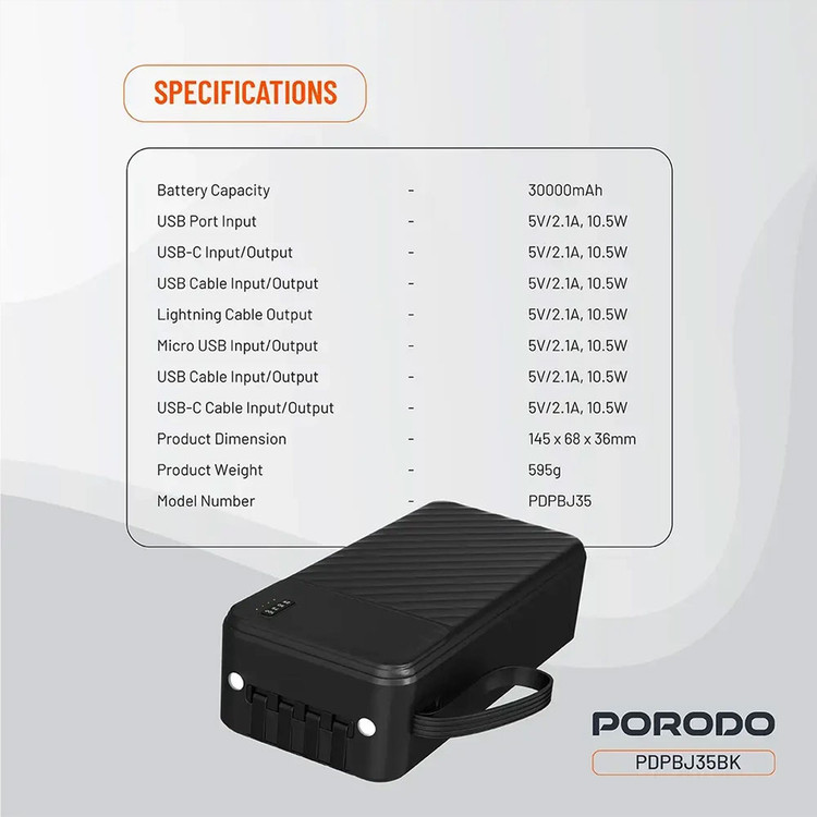 پاوربانک 10000 با کابل متصل پرودو PDPBJ33BK