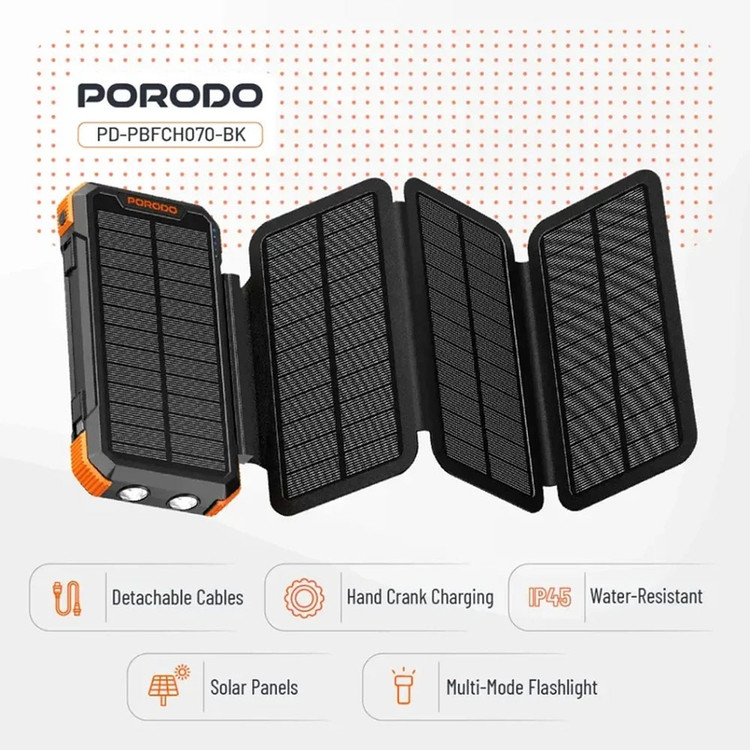 پاوربانک خورشیدی 20000 میلیآمپرساعت پرودو مدل Porodo Power Bank 20000mAh 4-Panel Solar PD-PBFCH070