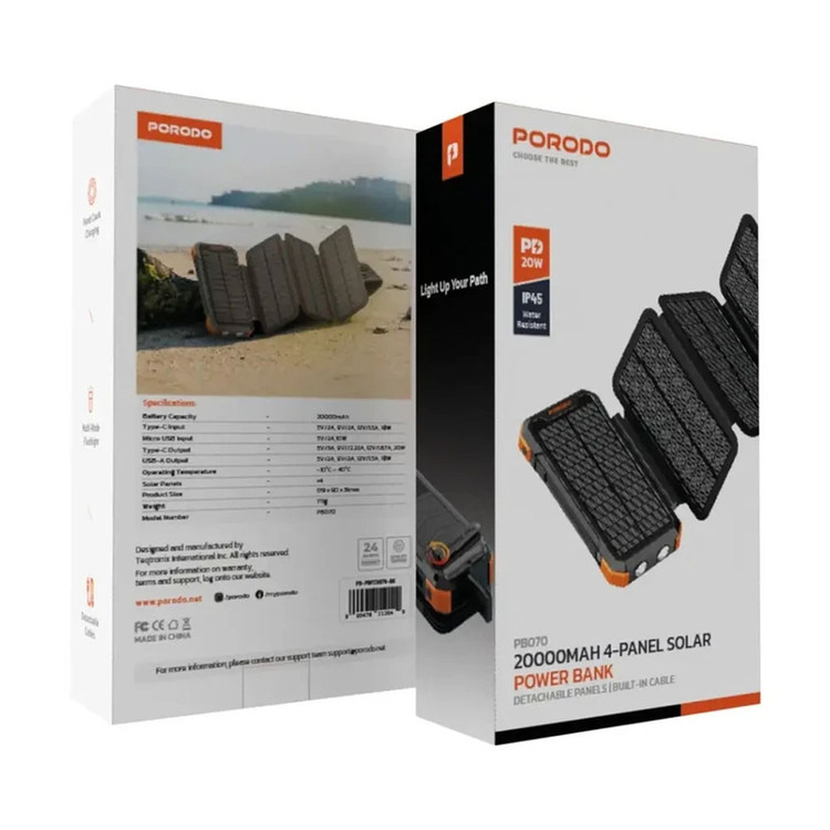 پاوربانک خورشیدی 20000 میلیآمپرساعت پرودو مدل Porodo Power Bank 20000mAh 4-Panel Solar PD-PBFCH070