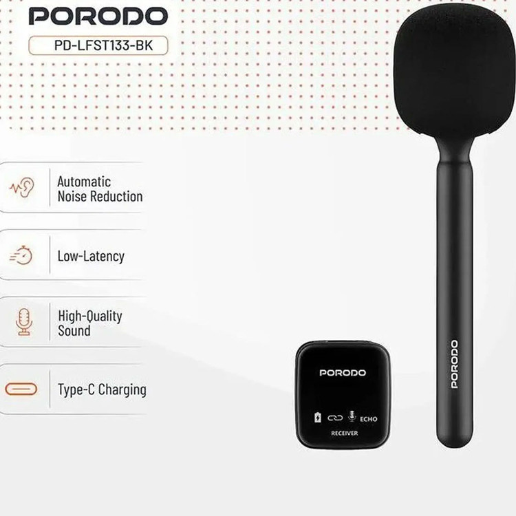 میکروفون بیسیم دستی پورودو Porodo PDLFST133BK با اتصال همزمان دو دستگاه