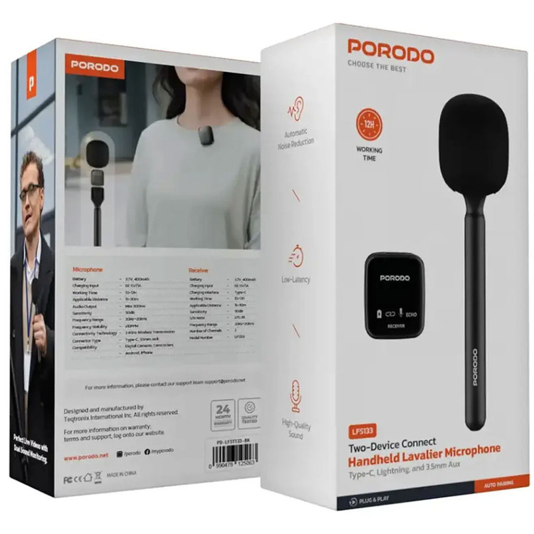 میکروفون بیسیم دستی پورودو Porodo PDLFST133BK با اتصال همزمان دو دستگاه
